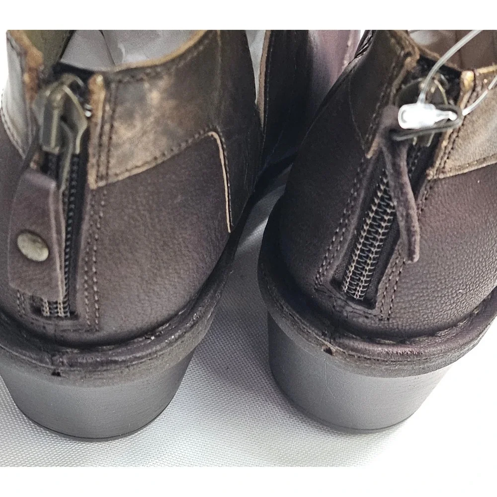 FLY LONDON Cupi/Bard Leather Ankle Boots‎ Bronze Detail Block Heel Zip Size 35